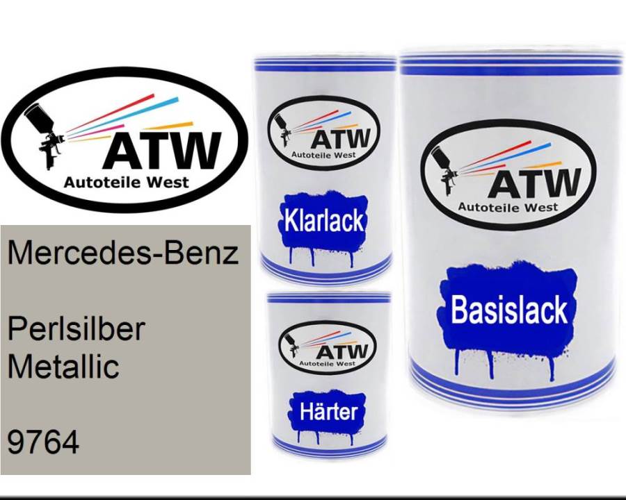 Mercedes-Benz, Perlsilber Metallic, 9764: 500ml Lackdose + 500ml Klarlack + 250ml Härter - Set, von ATW Autoteile West.
